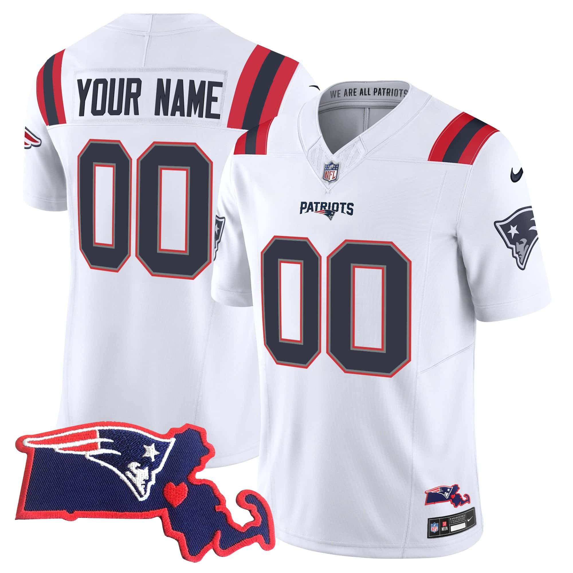 Men New England Patriots White 2024 Nike Patch Vapor Limited Custom NFL Jersey